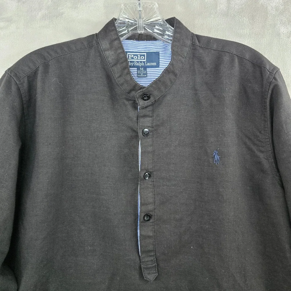 Polo Ralph Lauren Popover Shirt Mens M Black Linen Cotton Band Collar Long Slev